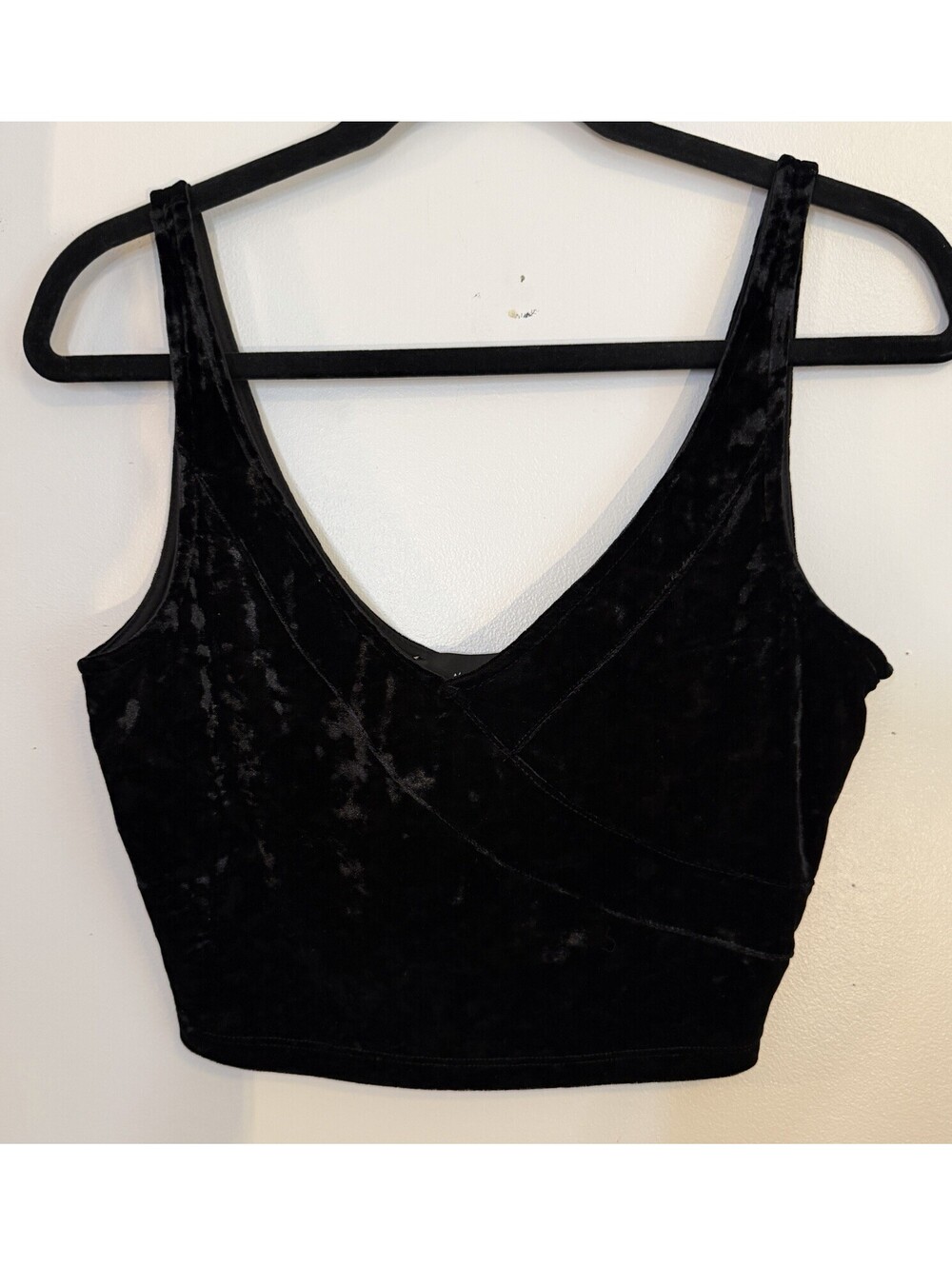 Nasty Gal Crushed Velvet Black Crop Top VNeck Faux Wrap Sleeveless Goth Grunge M
